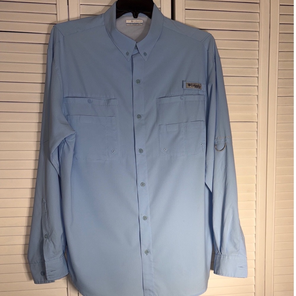 Columbia PFG Tamiami II Fishing Shirt Mens Large Light Blue Long Sleeve UPF 40